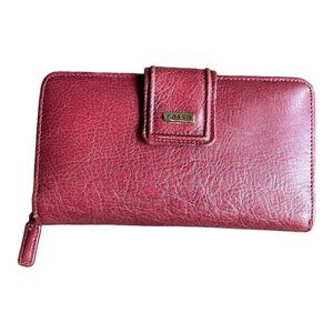 VTG FOSSIL Madison Full Zip Clutch Women’s Leather Wallet Red Credit Card Holder